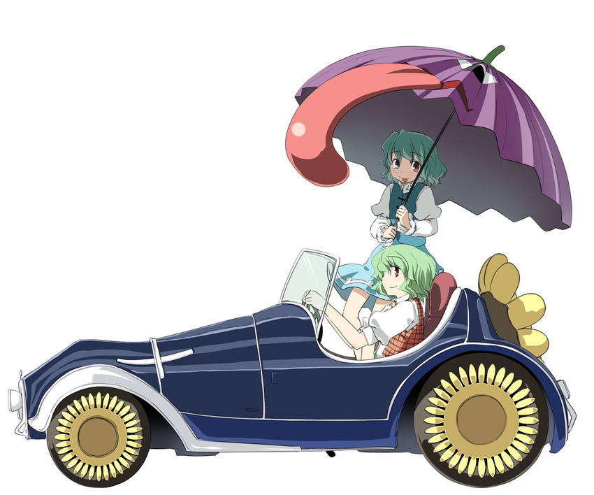 :p aqua_hair car flower green_hair ground_vehicle heterochromia hota karakasa_obake kazami_yuuka motor_vehicle multiple_girls plaid plaid_vest purple_umbrella red_eyes sideways_mouth simple_background standing sunflower tatara_kogasa tongue tongue_out touhou umbrella vest white_background