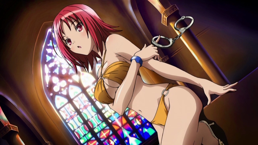 bikini bracelet breast_hold breasts cuffs eyecatch handcuffs jewelry kampfer mishima_akane red_eyes red_hair screencap solo stained_glass swimsuit