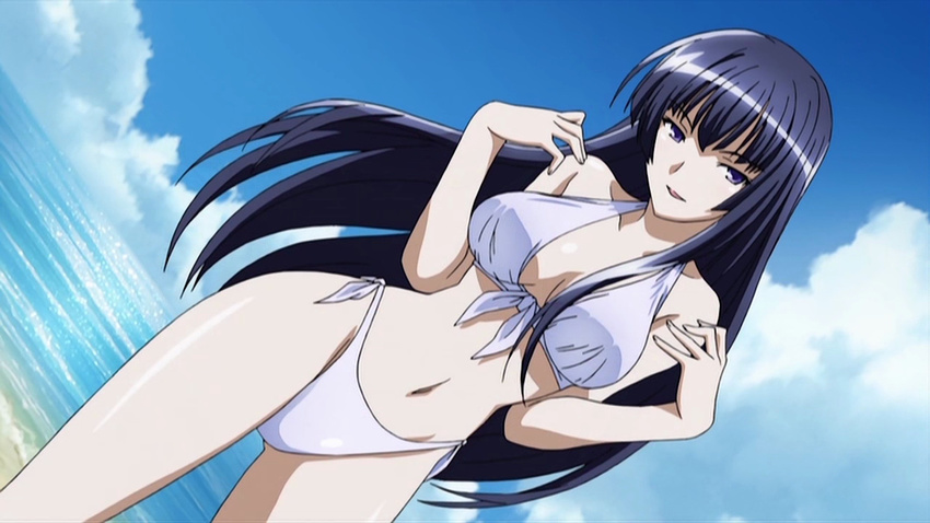 beach bikini blue_eyes blue_hair cloud day eyecatch front-tie_top kampfer long_hair outdoors sangou_shizuku screencap side-tie_bikini smile solo swimsuit water