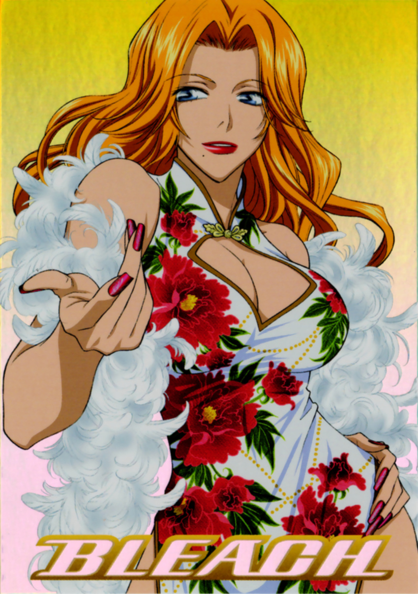 artist_request bleach blue_eyes breasts china_dress chinese_clothes cleavage cleavage_cutout dress feather_boa feathers floral_print hand_on_hip highres large_breasts lipstick long_hair makeup matsumoto_rangiku mole mole_under_mouth nail_art nail_polish orange_hair red_nails solo