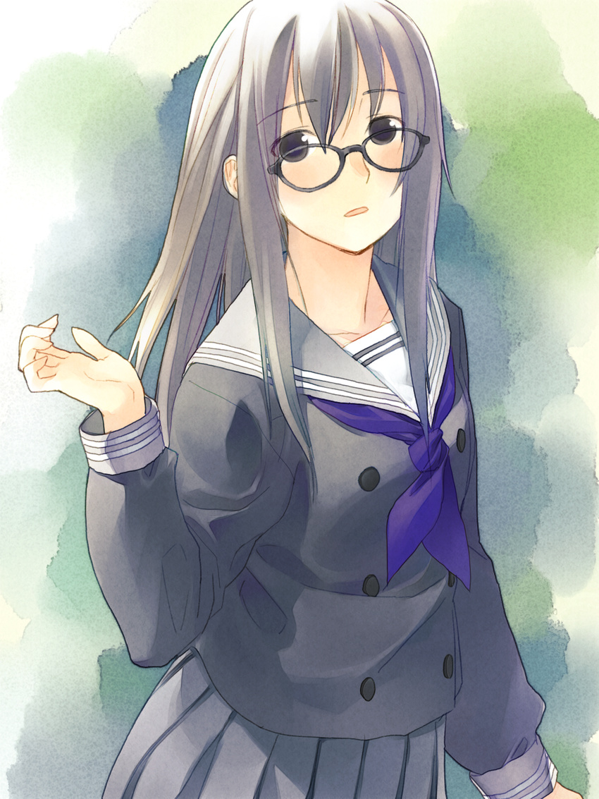 black_eyes glasses grey_hair highres original school_uniform serafuku skirt solo yuuki_keisuke