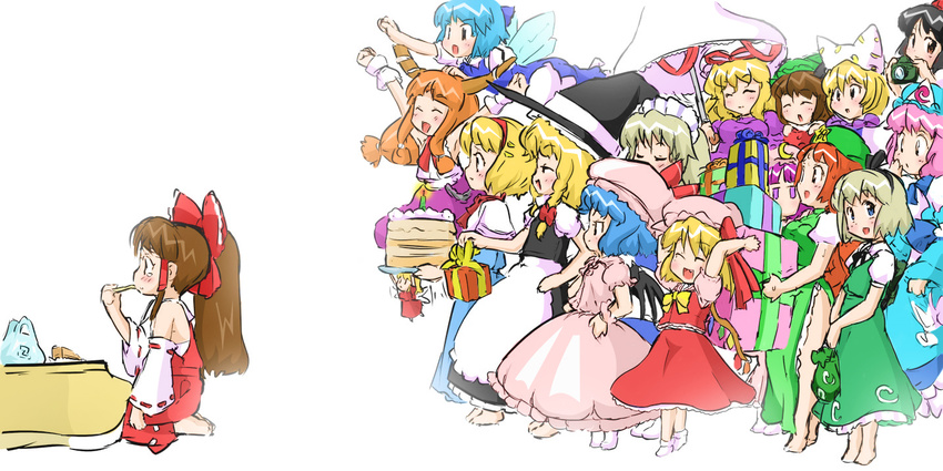 akebi-san alice_margatroid bad_id bad_pixiv_id bag birthday blonde_hair cake camera chen cirno eating everyone flandre_scarlet food gift hakurei_reimu hat hong_meiling ibuki_suika izayoi_sakuya kirisame_marisa konpaku_youmu multiple_girls pastry patchouli_knowledge remilia_scarlet ribbon saigyouji_yuyuko shameimaru_aya shopping_bag touhou yakumo_ran yakumo_yukari