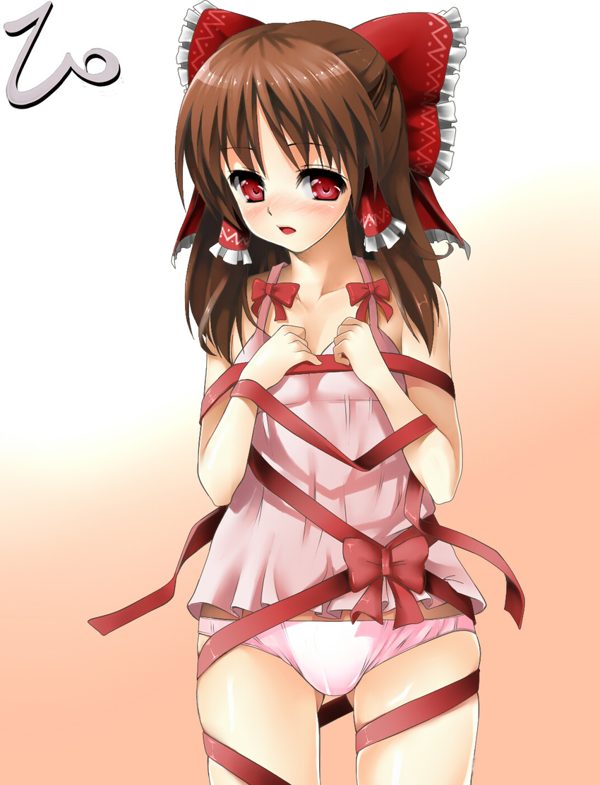 bad_id bad_pixiv_id bdsm blush bondage bound bow brown_hair chemise face hakurei_reimu highres panties piiko_(aa_doushiyou) red_eyes ribbon ribbon_bondage solo touhou underwear