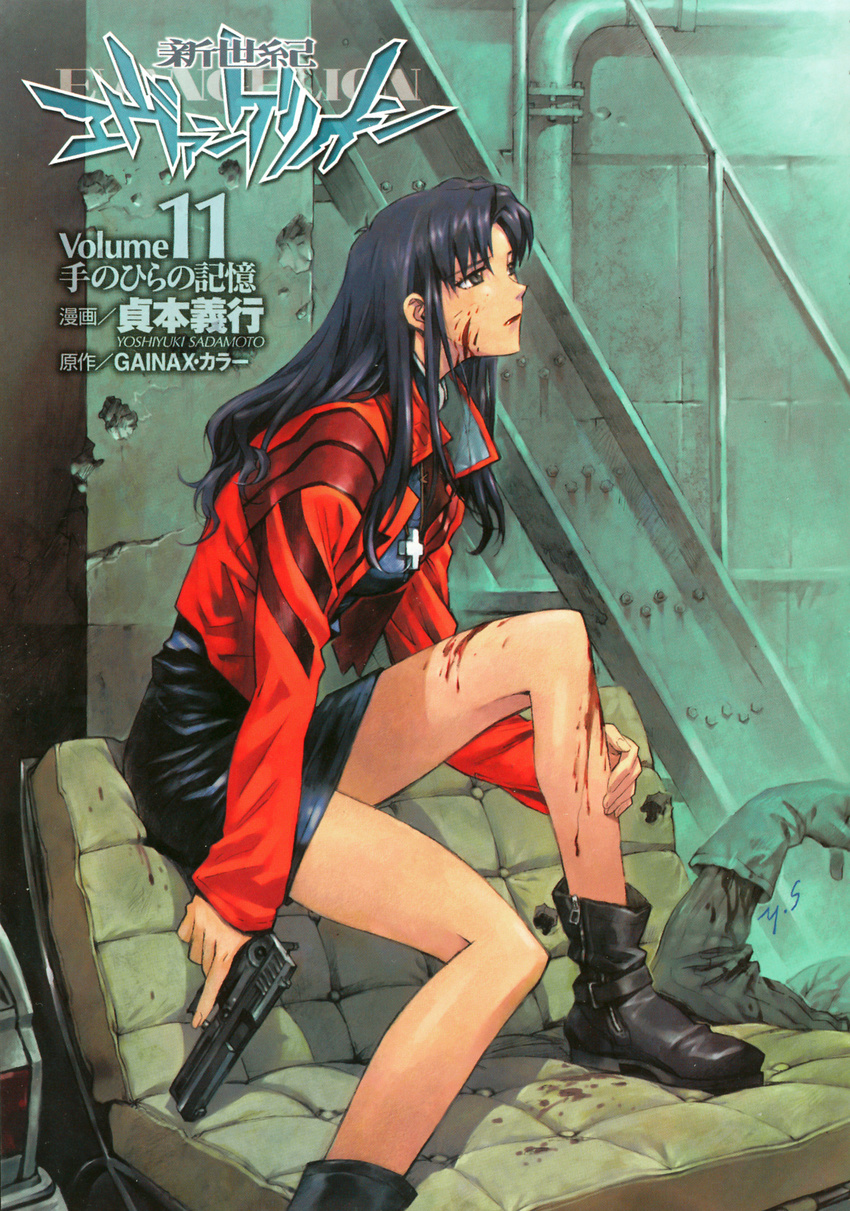 1girl blood boots cross gun handgun highres injured injury katsuragi_misato legs long_hair neon_genesis_evangelion neon_genesis_evangelion_(manga) pistol purple_hair sadamoto_yoshiyuki solo weapon