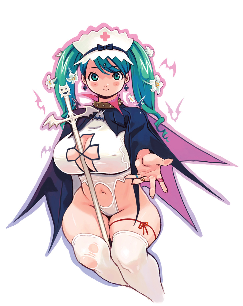 breasts choker cleavage cloak cropped_legs cross cross_earrings earrings flower forehead_jewel green_eyes green_hair hair_flower hair_ornament hands headdress highres jewelry large_breasts mugen_no_fantasia navel outline outstretched_arm over-kneehighs plump ribbon ryoji_(nomura_ryouji) simple_background smile solo staff thigh_ribbon thighhighs torn_clothes twintails white_background white_legwear