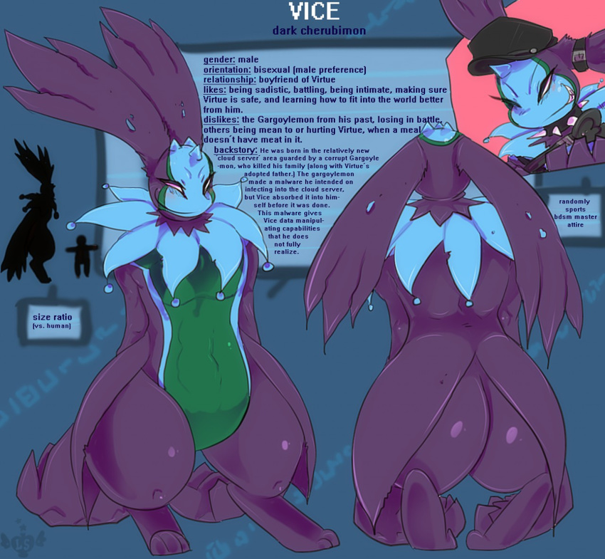 alternate_color anthro big_ears blush bondage_gear cherubimon comparison cutaway digimon digitigrade english_text featureless_crotch front_view grin headgear lovespell male model_sheet multiple_angle naughty_face rear_view silhouette solo text thick_thighs vice_the_cherubimon