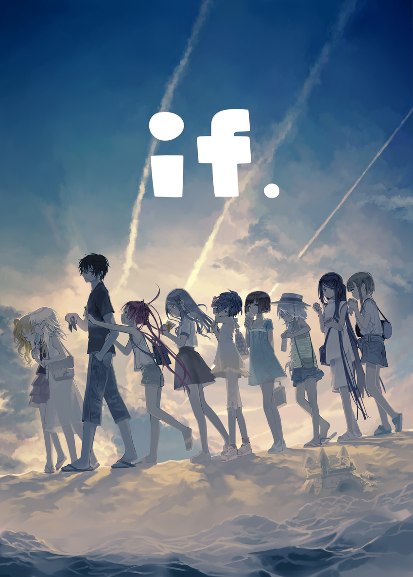 6+girls :d absurdres aihara_enju arm_behind_back backpack bag bangs bare_legs beach black_bullet black_hair black_shirt blonde_hair blue_dress blue_hair blue_sky blunt_bangs bob_cut capri_pants character_request closed_eyes cloud condensation_trail dress duffel_bag eating flip-flops food frilled_skirt frills from_side fuse_midori hand_in_pocket handbag hat height_difference highres hiruko_kohina holding holding_bag ice_cream ice_cream_cone katagiri_yuzuki kouro_hotaru long_hair looking_at_another mibu_asaka miniskirt multiple_girls no_socks open_mouth outdoors pants ponytail popsicle_stick red_hair sand sand_castle sand_sculpture sandals satomi_rentarou senju_kayo shirt shoes short_dress short_hair short_sleeves shorts shoulder_bag sidelocks skirt sky sleeveless sleeveless_dress sleeveless_shirt smile sneakers spoon straw_hat sundress swept_bangs t-shirt tina_sprout twintails ukai_saki very_long_hair walking wallet white_dress white_hair white_shirt yellow_dress yuria_kochenkova