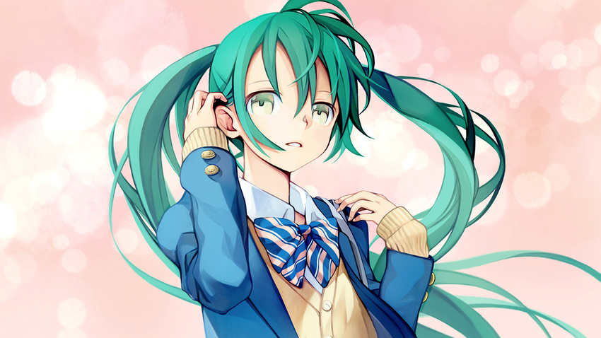 aqua_hair bow bowtie fingernails green_eyes hatsune_miku kari_kenji long_hair long_sleeves looking_at_viewer parted_lips school_uniform solo sweater_vest twintails very_long_hair vocaloid