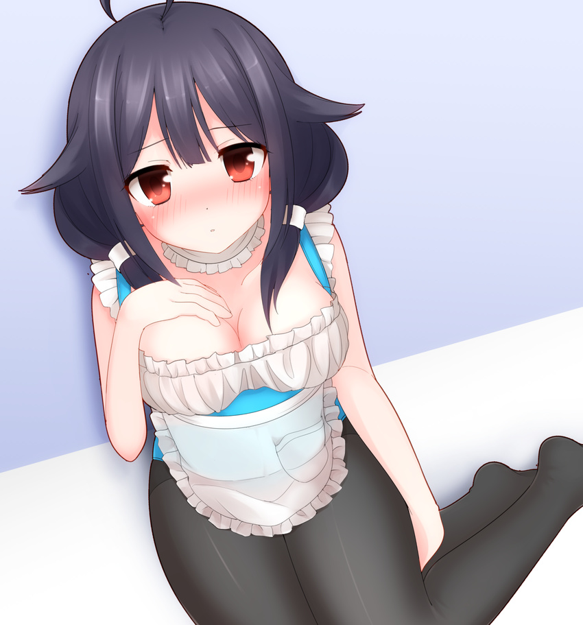 ahoge apron bad_id bad_pixiv_id black_legwear blush faubynet highres kantai_collection long_hair looking_at_viewer low_twintails nontraditional_school_swimsuit pantyhose purple_hair red_eyes school_swimsuit sitting solo swimsuit taigei_(kantai_collection) twintails yokozuwari