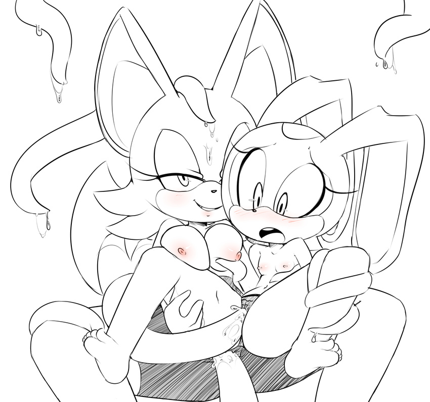 anthro breasts clothed clothing cream_the_rabbit cum duo female female/female grope hearlesssoul mammal partially_clothed penetration rouge_the_bat sitting sonic_(series) spread_legs spreading tentacles vaginal vaginal_penetration