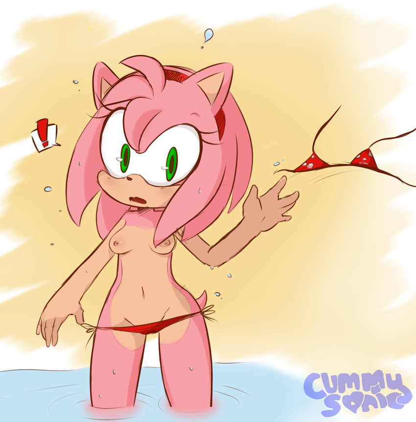 2015 amy_rose anthro areola bikini breasts clothed clothing cummysonic erect_nipples female green_eyes hairband half-dressed hearlesssoul hedgehog hi_res looking_at_viewer mammal nipples open_mouth panties sea solo sonic_(series) surprise swimsuit topless underwear water