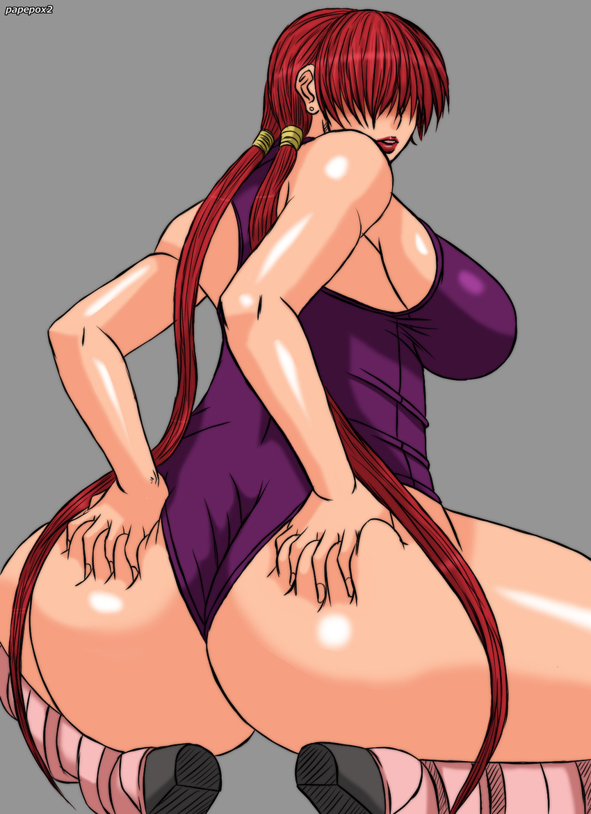 ass ass_grab bare_shoulders boots breasts deep_skin earrings female from_behind grabbing_own_ass hair_over_eyes huge_ass jewelry king_of_fighters large_breasts leotard lips lipstick long_hair makeup papepox2 red_hair shermie shiny shiny_skin simple_background solo squatting thong thong_leotard twintails very_long_hair