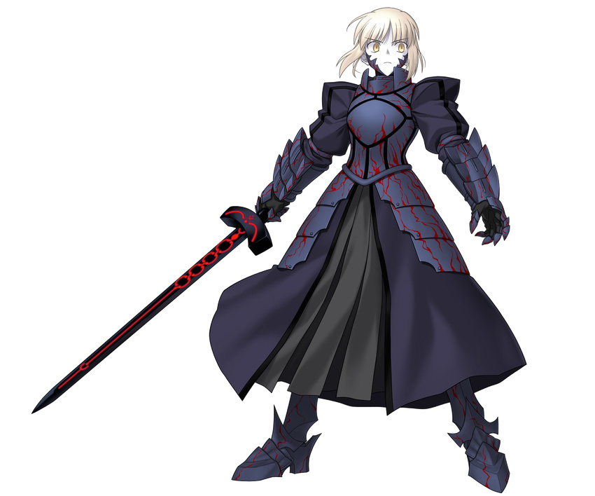 armor armored_boots armored_dress artoria_pendragon_(all) black_dress blonde_hair boots dress fate/stay_night fate/unlimited_codes fate_(series) full_body gauntlets highres higurashi_ryuuji holding holding_sword holding_weapon official_art saber_alter solo sword transparent_background weapon yellow_eyes