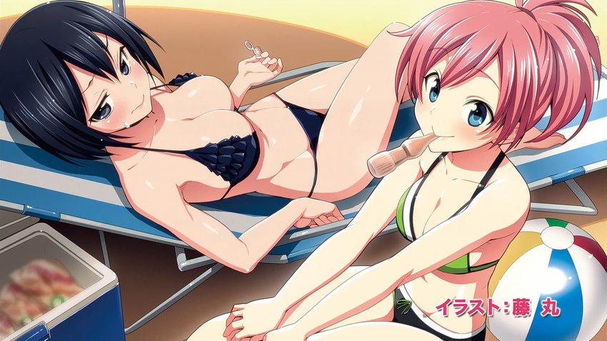 aqua_eyes ball beachball bikini black_eyes black_hair blush breasts chair cleavage end_card frilled_bikini frills fujimaru_(bluebrand) joukamachi_no_dandelion large_breasts lounge_chair mouth_hold multiple_girls navel non-web_source red_hair sakurada_kanade sakurada_misaki strap_gap sweatdrop swimsuit wavy_mouth