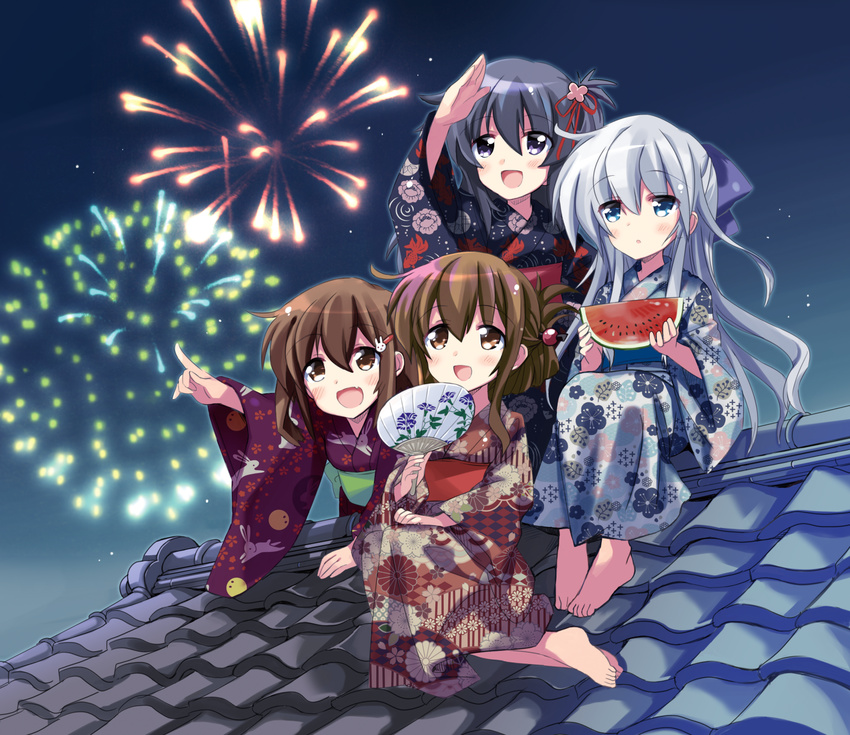 :d akatsuki_(kantai_collection) alternate_costume alternate_hairstyle barefoot black_hair blue_eyes blush brown_eyes brown_hair fan fang fireworks folded_ponytail food fruit hair_ornament hair_ribbon hair_stick hairclip hibiki_(kantai_collection) highres hizuki_yayoi ikazuchi_(kantai_collection) inazuma_(kantai_collection) japanese_clothes kantai_collection kimono long_hair multiple_girls night night_sky no_hat no_headwear open_mouth paper_fan purple_eyes ribbon rooftop short_hair side_ponytail silver_hair sitting sitting_on_roof sky smile uchiwa watermelon wide_sleeves yukata