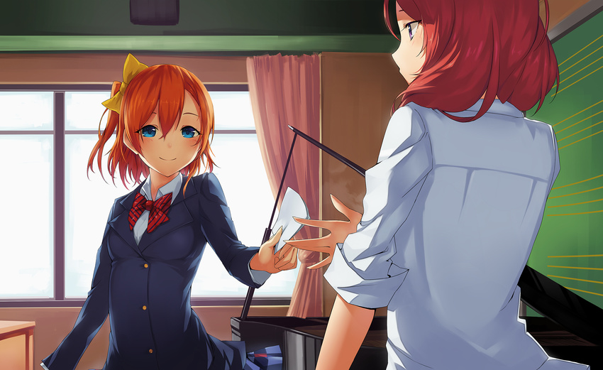 blazer blue_eyes blue_skirt blush bow bowtie buttons chalkboard classroom collared_shirt commentary_request curtains grand_piano hair_between_eyes hair_bow highres holding holding_paper indoors instrument jacket kousaka_honoka long_sleeves love_live! love_live!_school_idol_project multiple_girls neko7 nishikino_maki one_side_up orange_hair otonokizaka_school_uniform outstretched_hand paper piano plaid plaid_skirt purple_eyes red_bow red_hair red_neckwear school_uniform shirt short_hair skirt sleeves_rolled_up smile striped striped_bow striped_neckwear white_shirt window yellow_bow