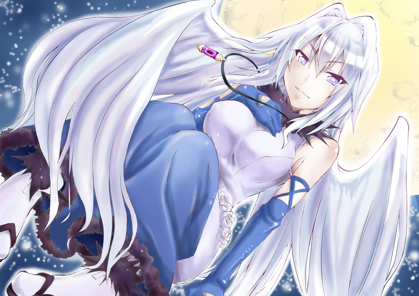 blue_eyes commentary_request cototiworld elbow_gloves engi_threepiece fur_trim gloves highres jewelry moon necklace sandals sitting star symbol-shaped_pupils triangle-shaped_pupils white_hair yumekui_merry