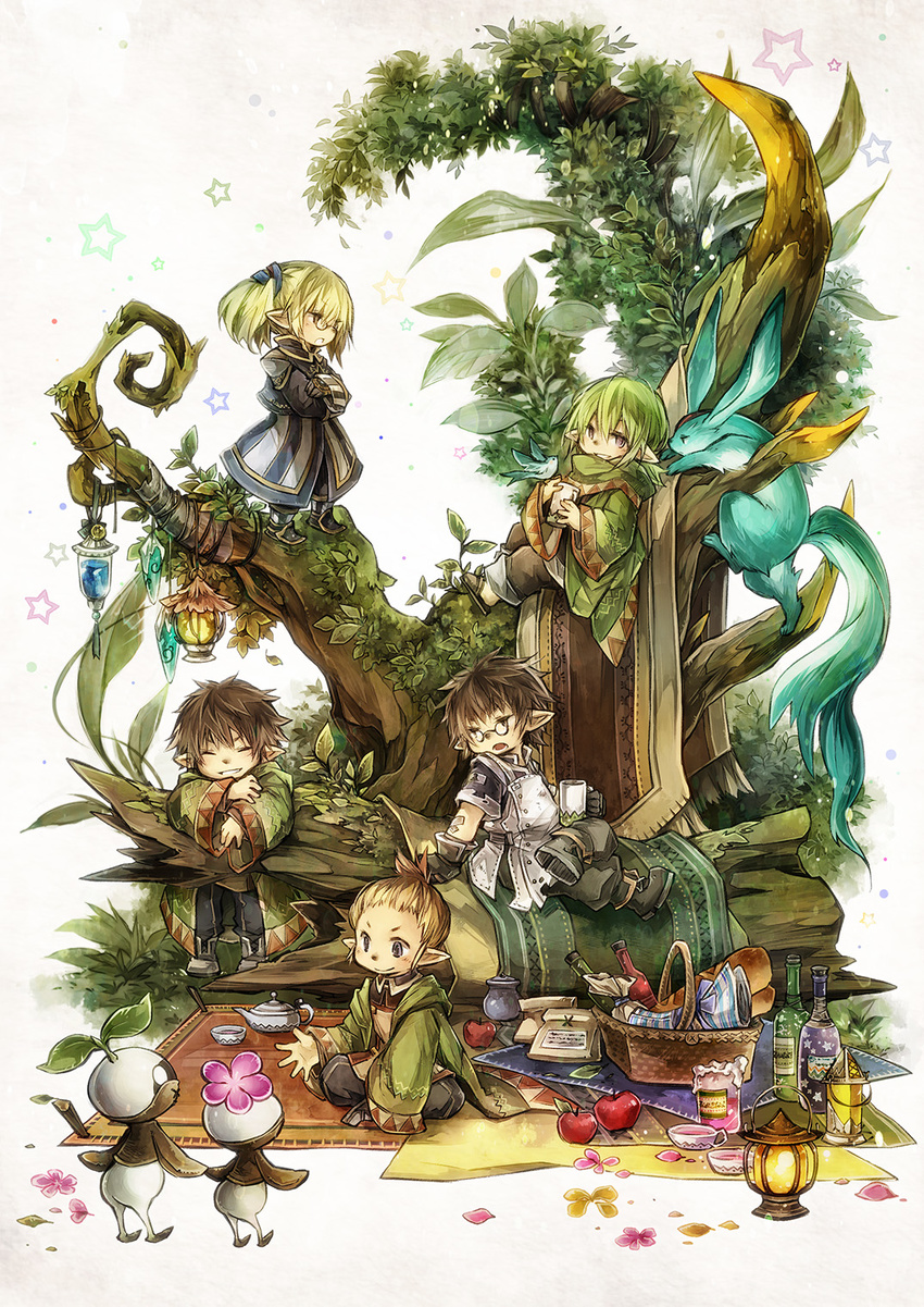 4boys apple apron arm_support bag bandaged_arm bandages basket bird bird_on_hand blonde_hair boots bottle bread brown_hair carbuncle_(final_fantasy) cloak closed_eyes crossed_arms crossed_legs cup final_fantasy final_fantasy_xi flower food fruit fujiwara_akina glasses green_hair grin hair_ribbon highres holding holding_cup hood hood_down hooded_cloak in_tree indian_style lantern log long_sleeves looking_at_another mandragora_(final_fantasy) moss mug multiple_boys pants paper_bag petals picnic picnic_basket plant pointy_ears ponytail purple_eyes ribbon robe rug shantotto short_sleeves sitting slippers smile standing star tarutaru teapot tree twintails white_background wide_sleeves