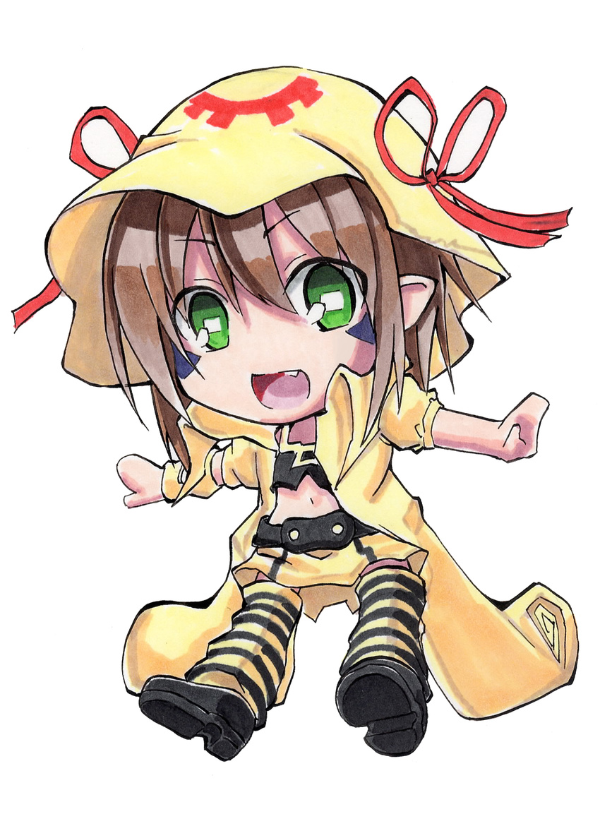 :d absurdres brown_hair chibi commentary_request cototiworld facepaint fang green_eyes highres loose_socks marker_(medium) merry_nightmare midriff navel open_mouth smile socks solo striped striped_legwear traditional_media yumekui_merry