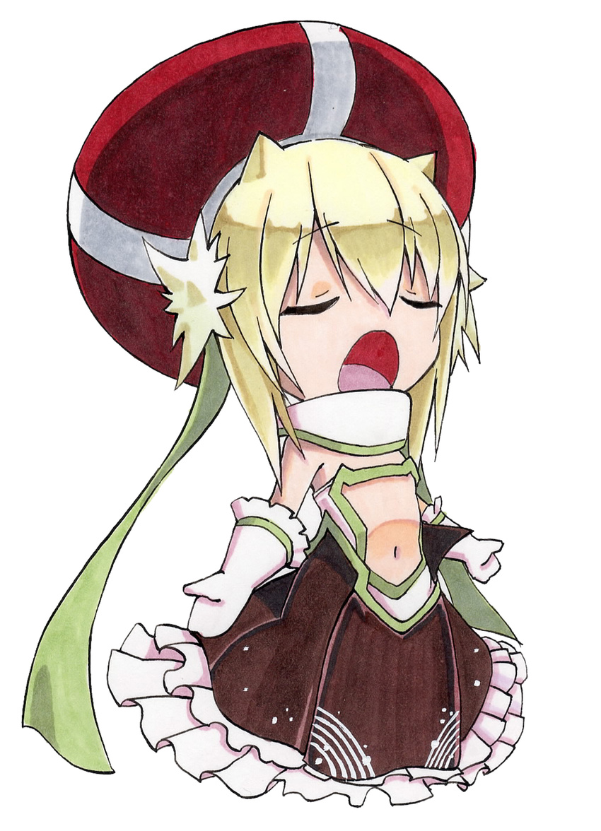 absurdres beret blonde_hair clione closed_eyes cototiworld frills gloves hat highres marker_(medium) music navel open_mouth simple_background singing skirt solo traditional_media yumekui_merry