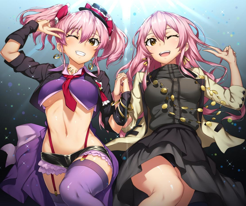 ;d alternate_hairstyle bow breasts dual_persona gals_rock_ambivalence hair_bow hair_down hat holding_hands idolmaster idolmaster_cinderella_girls jewelry jougasaki_mika jpeg_artifacts long_hair medium_breasts multiple_girls necklace one_eye_closed open_mouth pink_hair pyz_(cath_x_tech) smile thighhighs twintails underboob v v_over_eye yellow_eyes