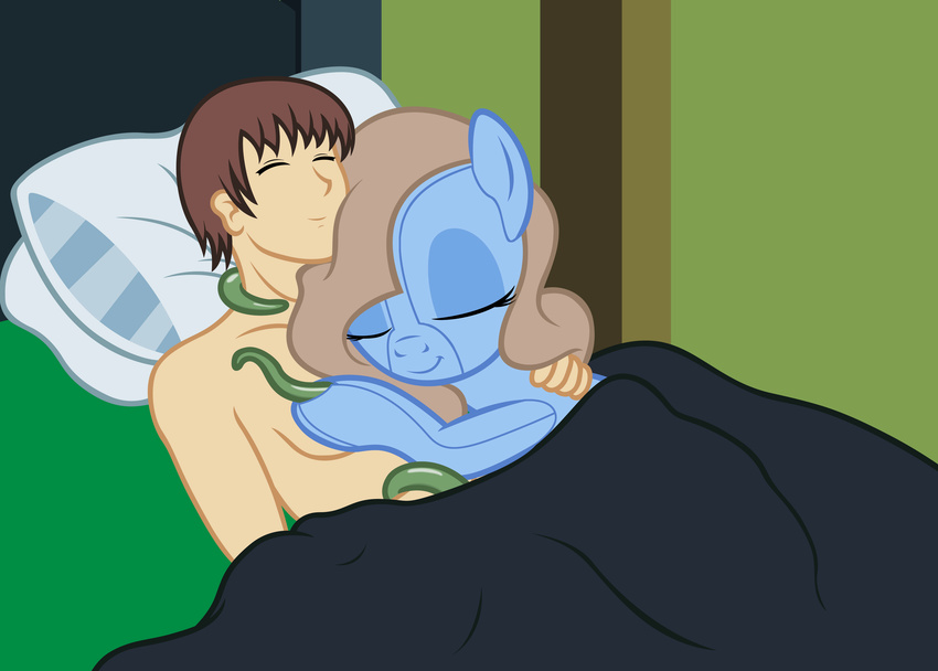 2014 absurd_res anon badumsquish bed brown_hair clothed clothing cthulhu cthulhu_mythos cuddlhu eyes_closed fan_character female h.p._lovecraft hair half-dressed hi_res human lying male mammal my_little_pony pillow sleeping suit tentacle_monster tentacles topless