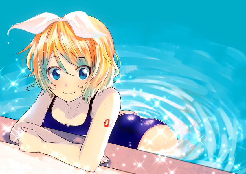 blonde_hair blue_eyes blue_swimsuit hair_ribbon kagamine_rin looking_at_viewer noboes one-piece_swimsuit partially_submerged pool poolside ribbon ripples short_hair smile solo swimsuit vocaloid water