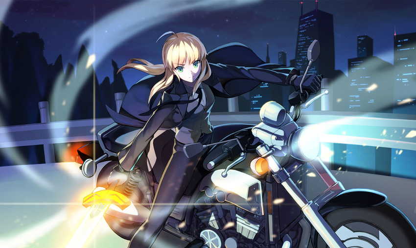 ahoge artoria_pendragon_(all) blonde_hair excalibur fate/zero fate_(series) formal glowing glowing_sword glowing_weapon green_eyes ground_vehicle highres motor_vehicle motorcycle pant_suit riding saber solo suit vmax-ver weapon yamaha_v-max