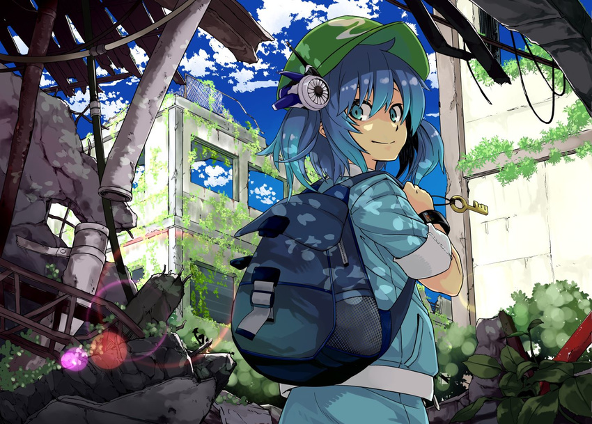 backpack bag blue_eyes blue_hair building hat irue kawashiro_nitori key lens_flare moss overgrown ruins short_hair skirt smile solo touhou twintails two_side_up