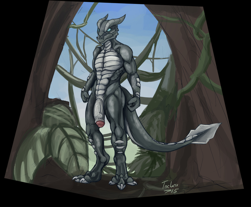 2015 anthro black_skin blue_eyes claws dragon erection grey_scales grey_skin horn male nude outside penis scalie solo tochka tree uncut vines