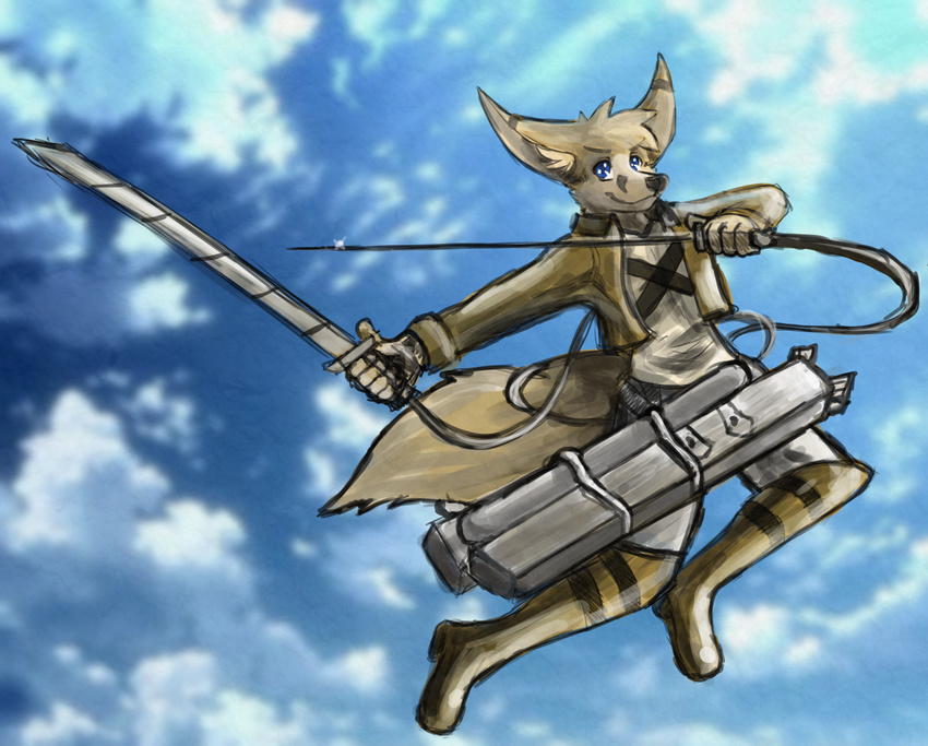 akasch attack_on_titan blue_eyes canine clothing fennec fox legwear mammal melee_weapon smile sword thigh_highs tools uniform weapon