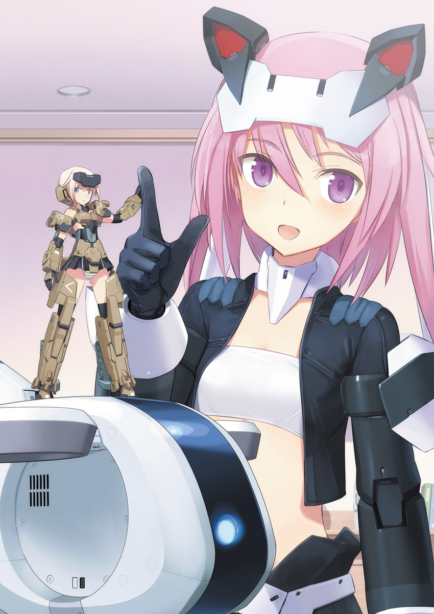 2girls :d alice_gear_aegis bangs black_gloves black_skirt blonde_hair blue_eyes book bookshelf breasts ceiling ceiling_light creator_connection crossover dot_nose drone eyebrows_visible_through_hair eyes_visible_through_hair finger_gun frame_arms_girl gloves gourai highres hirasaka_yotsuyu indoors jacket looking_at_viewer mecha_musume medium_hair midriff minigirl miniskirt multiple_girls official_art open_mouth panties pink_hair purple_hair shimada_fumikane size_difference skirt small_breasts smile strapless striped striped_panties tubetop underwear watermark