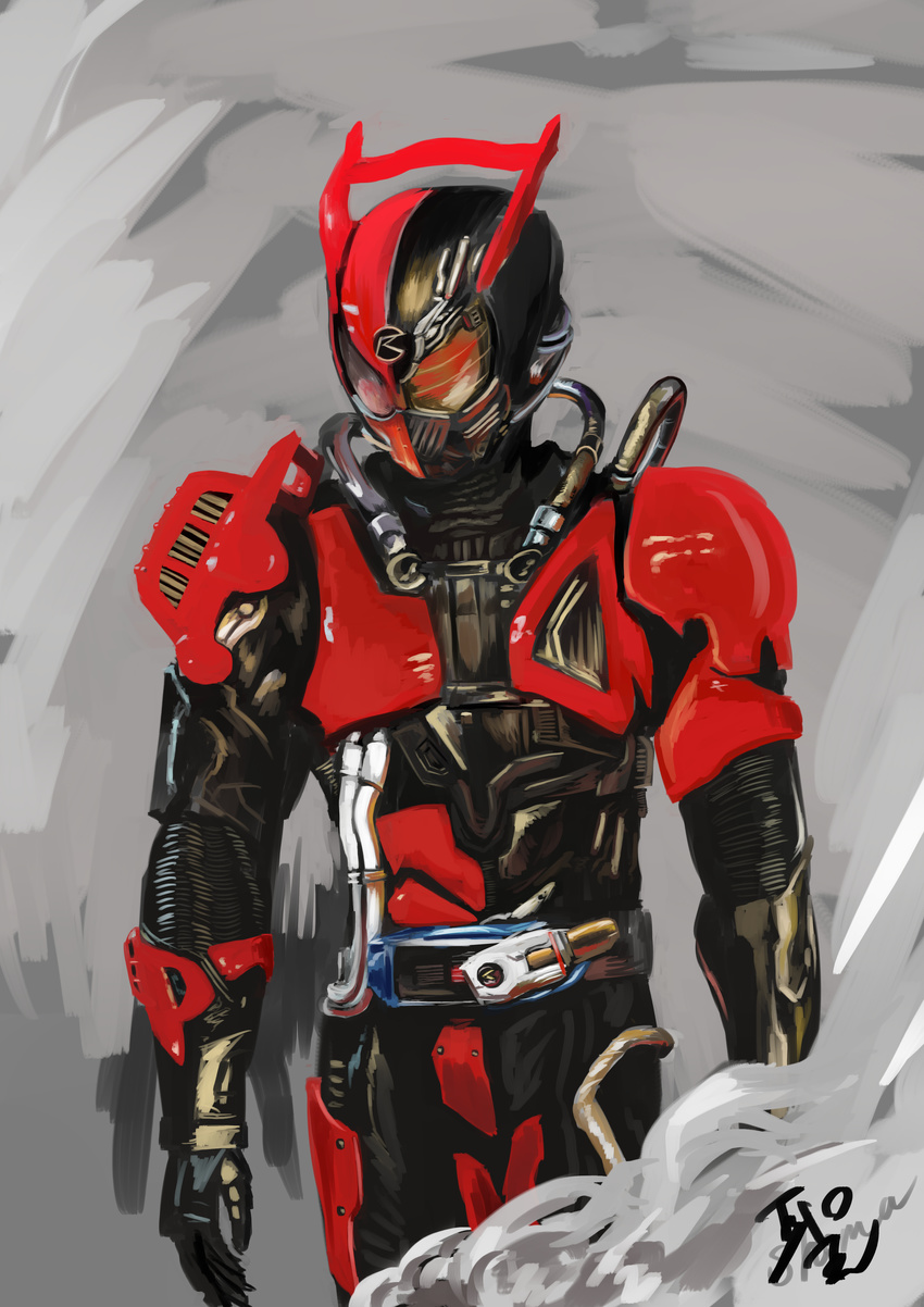 absurdres armor bad_id bad_pixiv_id belt cable helmet highres kamen_rider kamen_rider_drive kamen_rider_drive_(series) male_focus seima signature silver_eyes smoke solo type_chou_dead_heat