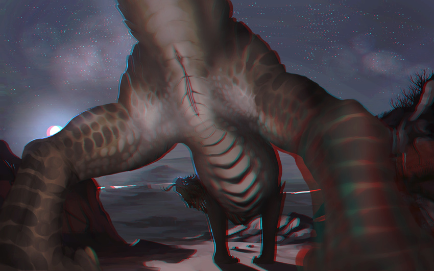 2015 anaglyph anus brown_scales brown_skin dradgien dragon female feral forked_tongue lol_comments low-angle_shot moon night outside pussy river sahlohkin_(editor) scalie slit solo star stereogram tongue tongue_out wasteland white_scales white_skin worm's-eye_view