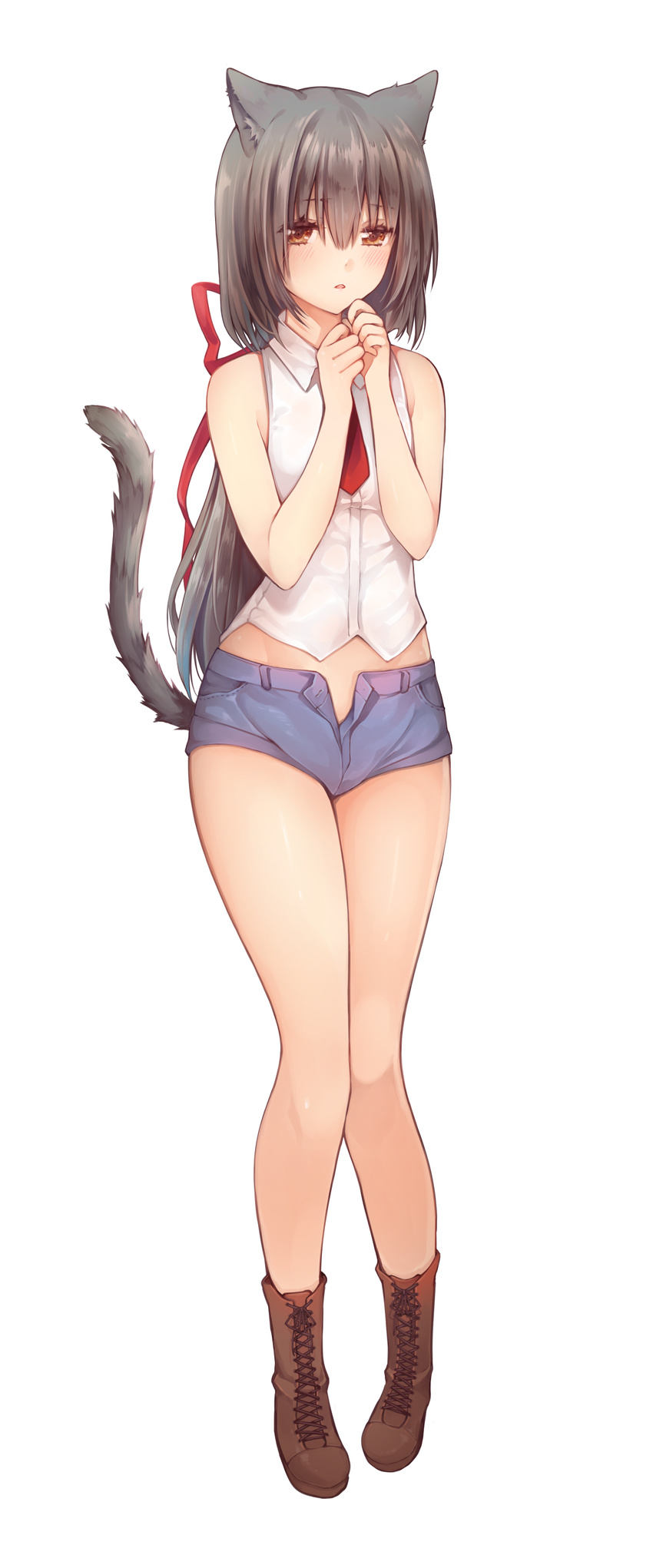 absurdres animal_ears ankle_boots black_hair boots brown_eyes brown_footwear cat_ears cat_tail cocoa_(cafe-hotcocoa) cross-laced_footwear highres lace-up_boots long_hair original shorts sleeveless solo tail