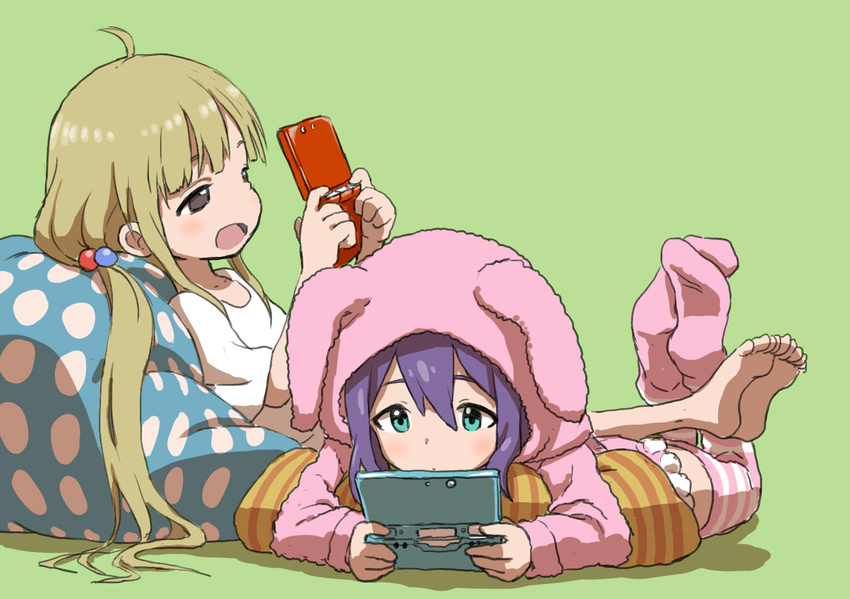 ahoge aqua_eyes bangs barefoot bean_bag_chair beanie black_eyes blonde_hair blush brown_eyes bunny_pajamas cushion feet futaba_anzu green_background hair_bobbles hair_ornament handheld_game_console hat idolmaster idolmaster_cinderella_girls idolmaster_million_live! legs_on_another's_back legs_together legs_up long_hair low_twintails lying mochizuki_anna multiple_girls nintendo_ds no_shoes on_back on_stomach open_mouth playing_games polka_dot purple_hair reclining simple_background striped striped_legwear the_pose thighhighs twintails yamamoto_souichirou