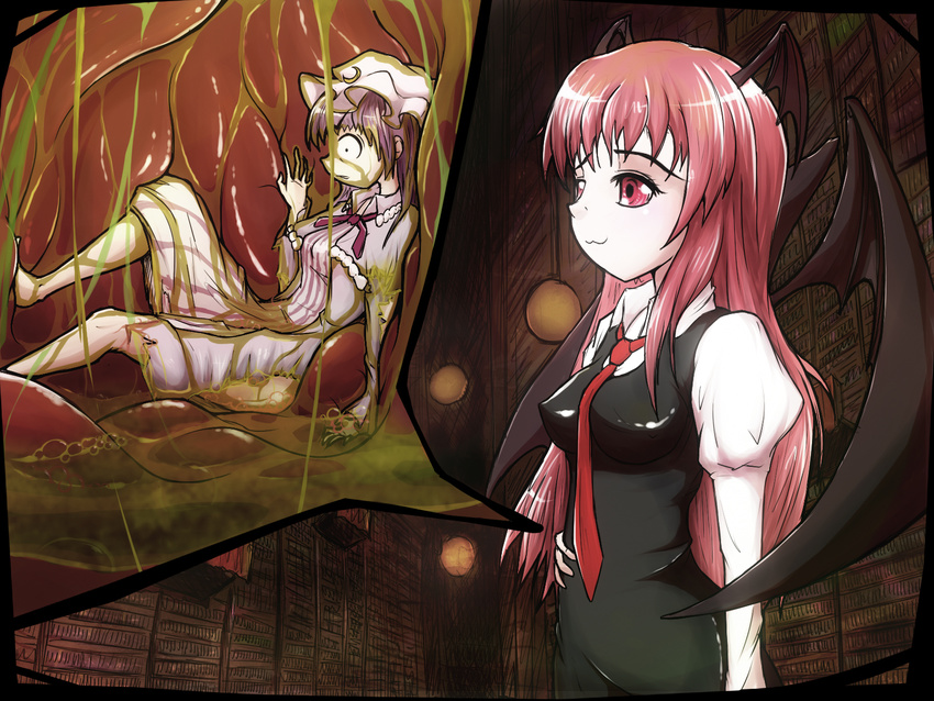 acerok bat_wings book commentary commission demon_girl dress hand_on_own_stomach head_wings highres inside_creature koakuma long_hair multiple_girls patchouli_knowledge scared stomach_(organ) succubus torn_clothes touhou vore wings