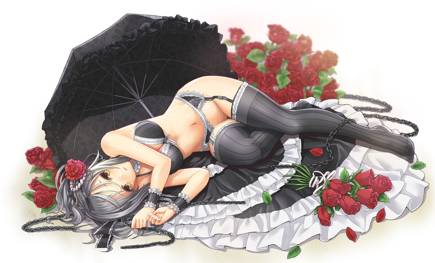 bra breasts brown_eyes drill_hair flower garter_belt highres idolmaster idolmaster_cinderella_girls kanzaki_ranko kazu long_hair lying medium_breasts no_panties on_side parasol rose silver_hair solo thighhighs twin_drills twintails umbrella underwear