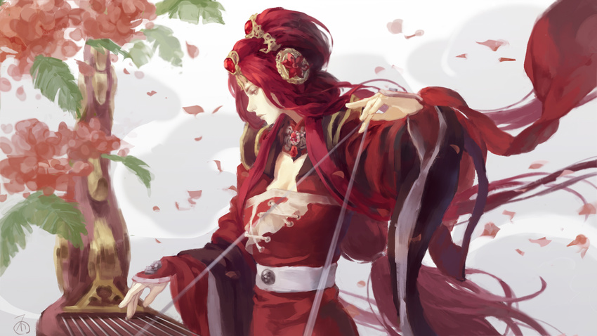 breasts character_request chinese_clothes cleavage dress folie_(cac82622) from_side guzheng hair_ornament hanfu instrument long_hair long_sleeves low-tied_long_hair medium_breasts music outstretched_arm outstretched_hand petals pili_budaixi playing_instrument red_dress red_hair robe sash shawl solo tree wide_sleeves