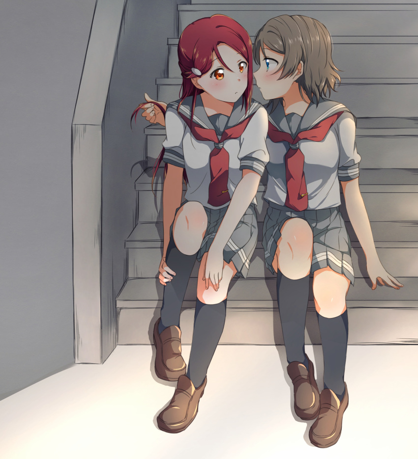 2girls absurdres arm_around_shoulder black_legwear blue_eyes brown_footwear grey_hair grey_skirt highres indoors kneehighs loafers long_hair looking_at_another love_live! love_live!_sunshine!! miniskirt multiple_girls neckerchief orange_eyes playing_with_another's_hair pleated_skirt red_hair red_neckwear sakurauchi_riko school_uniform serafuku shoes short_hair short_sleeves sitting sitting_on_stairs skirt stairs tie_clip uranohoshi_school_uniform watanabe_you yuchi_(salmon-1000) yuri