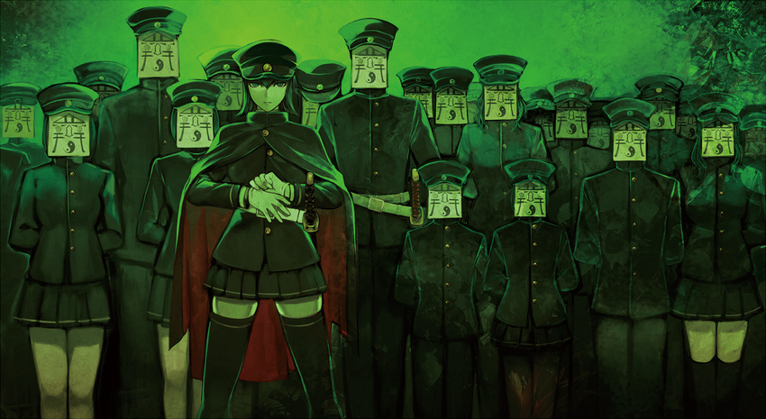arms_behind_back banned_artist black_hair black_legwear black_pants black_skirt face_mask gloves green_background harano hat kantai_collection looking_at_viewer mask multiple_boys multiple_girls pants skirt sword weapon