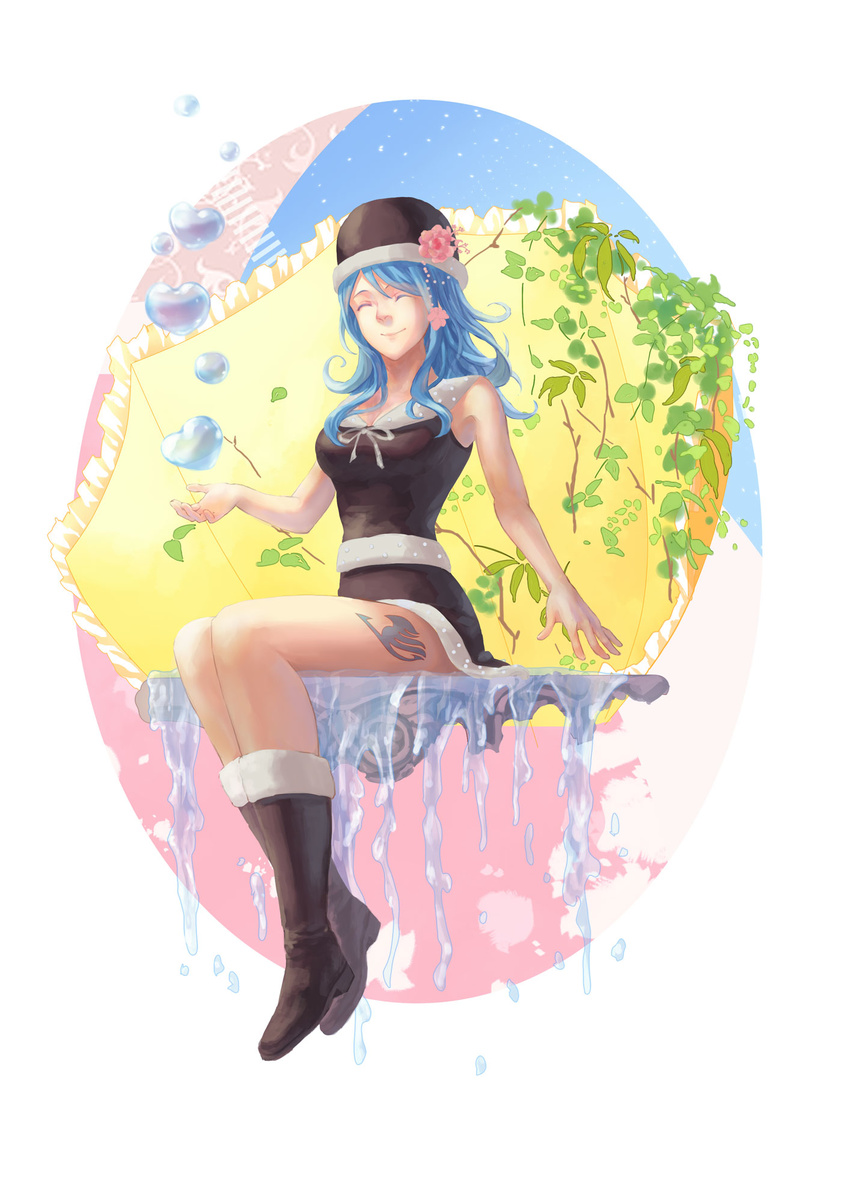 black_footwear blue_hair boots breasts bubble cleavage closed_eyes fairy_tail flower folie_(cac82622) fur_boots hair_flower hair_ornament hat heart_bubbles highres ivy juvia_lockser medium_breasts plant sitting smile solo tattoo