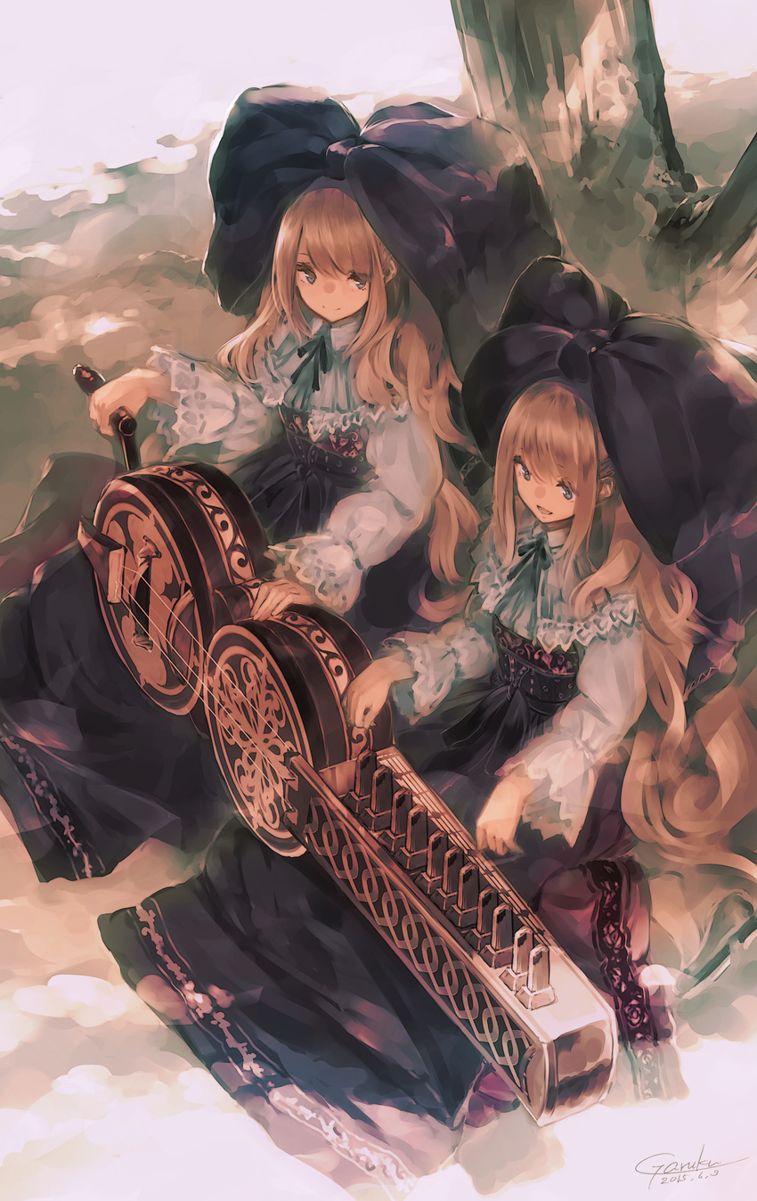 :d absurdres artist_name blonde_hair bow comiket_88 commentary_request dated dress garuku grey_eyes hair_bow highres instrument long_hair multiple_girls open_mouth organistrum original sitting smile very_long_hair