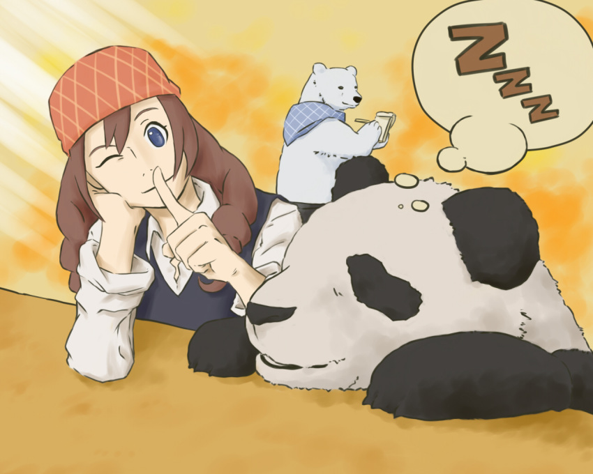 1girl bandanna bear blue_eyes braid brown_hair long_hair panda panda_(shirokuma_cafe) polar_bear sasako_(shirokuma_cafe) shirokuma_(shirokuma_cafe) shirokuma_cafe smile sumikarasu twin_braids