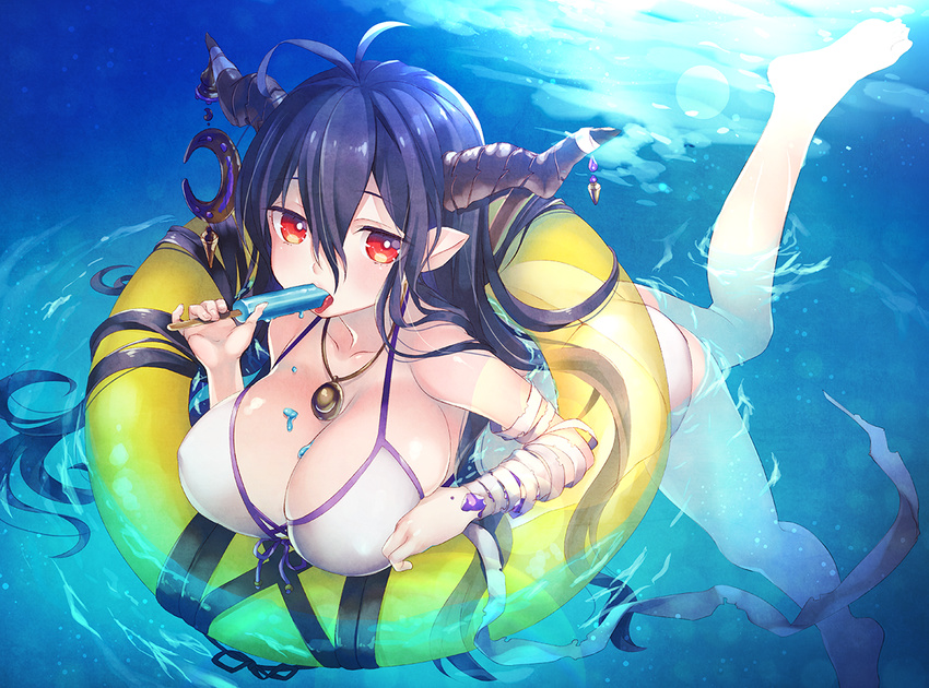 afloat bandages bikini black_hair breasts cleavage crescent danua draph floating_hair food granblue_fantasy horn_ornament horns innertube jewelry large_breasts long_hair messy namanie necklace pendant pointy_ears popsicle red_eyes solo swimsuit tongue tongue_out water white_bikini