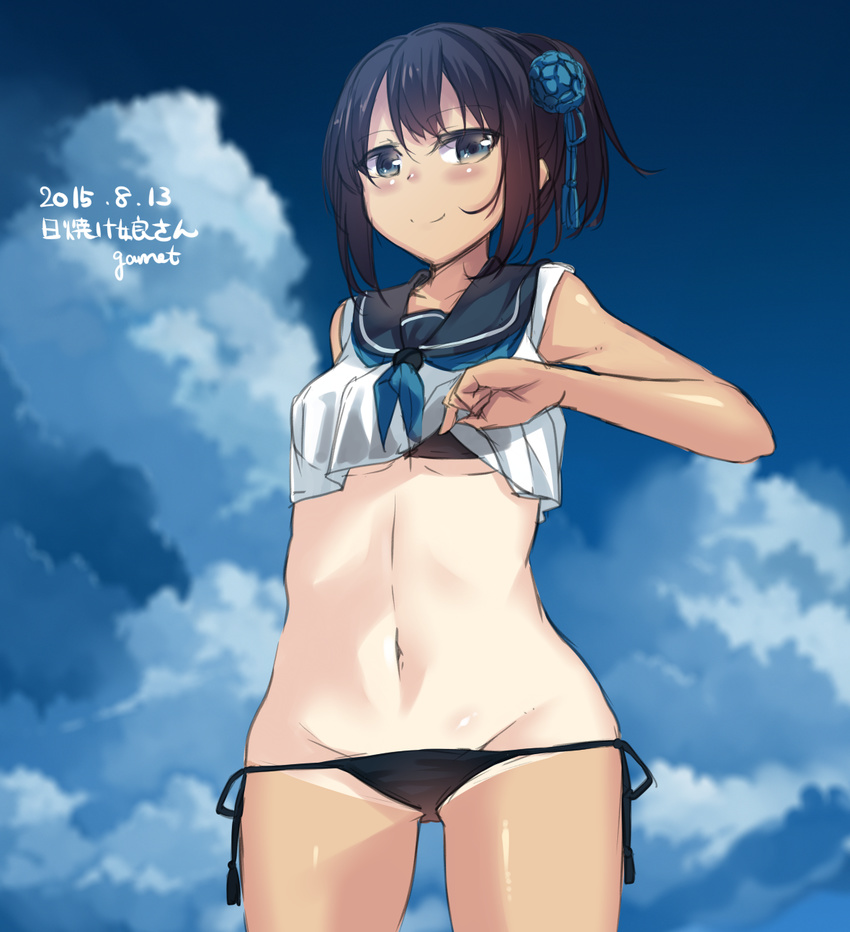 bikini bikini_under_clothes black_eyes black_hair crop_top garnet highres one-piece_tan original school_uniform serafuku short_hair solo string_bikini swimsuit swimsuit_under_clothes tan tanline