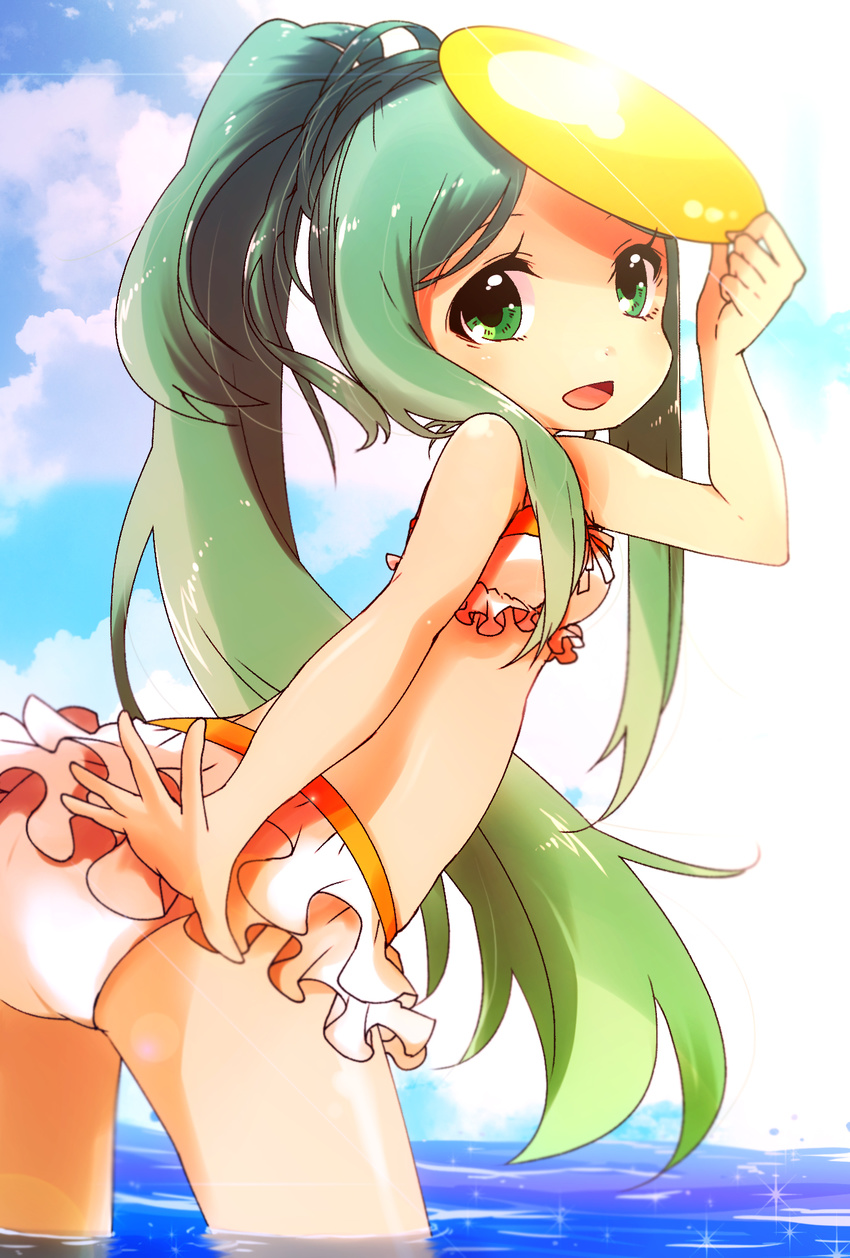 :d amaterasu_(p&amp;d) aqua_hair bare_shoulders bikini blue_sky cloud cloudy_sky day frilled_bikini frills from_behind green_eyes hair_up highres long_hair looking_back open_mouth pikomarie ponytail puzzle_&amp;_dragons sidelocks sky smile solo swimsuit wading water