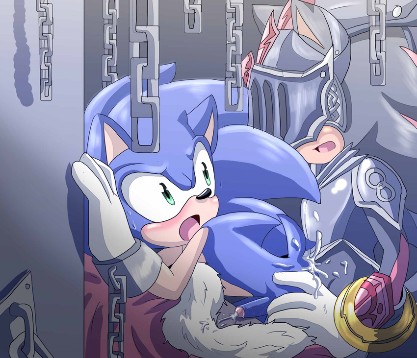 angelofhapiness armor blush cape chain chained_cuffs clothing cum dungeon gauntlets gloves green_eyes helmet male open_mouth sex shadow_the_hedgehog sonic_(series) sonic_the_hedgehog sweat visor