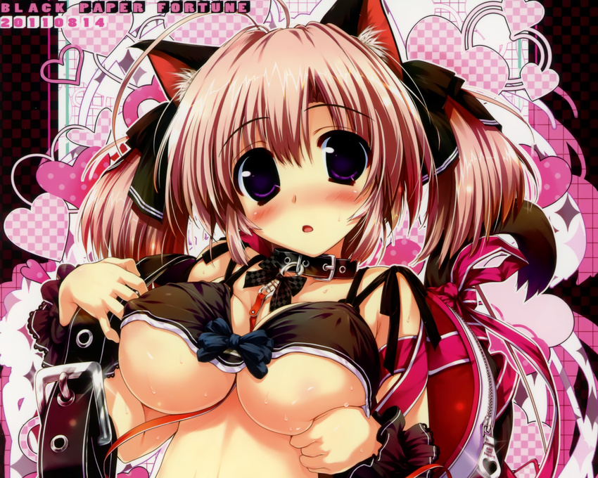 1girl animal_ears blush breasts erect_nipples female heart large_breasts looking_at_viewer open_mouth oshiki_hitoshi pink_hair purple_eyes solo sweat twintails underboob