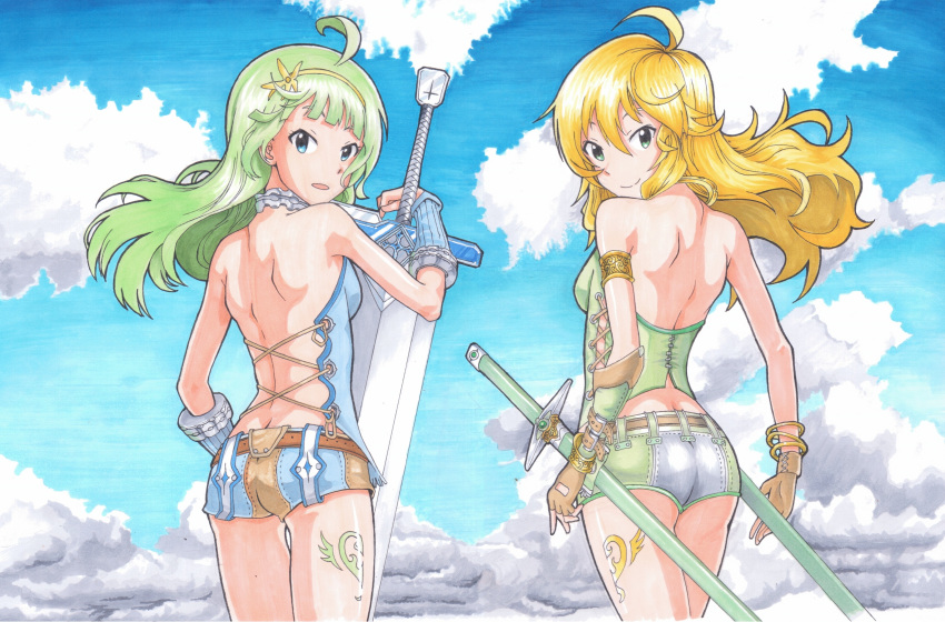 2girls absurdres backless_outfit blonde_hair blue_eyes blue_sky butt_crack cloud cowboy_shot day floating_hair from_behind green_hair hair_between_eyes hairband highres holding holding_sword holding_weapon hoshii_miki idolmaster idolmaster_million_live! long_hair looking_at_viewer looking_back mm_(pixiv2899112) multiple_girls outdoors sheath sheathed shimabara_elena short_shorts shorts sky smile standing sword weapon yellow_hairband
